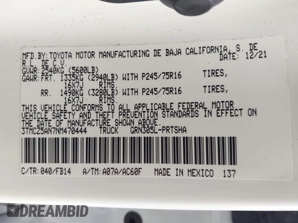 2022 Toyota Tacoma SR with VIN 3TMCZ5AN7NM470444, listed as a IAAI auction lot 41729041 with 34,248 mi miles and . Bid and sale history available at DreamBid. Image 9.