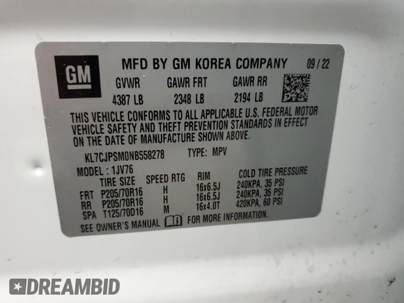 2022 Chevrolet Trax LT with VIN KL7CJPSM0NB558278, listed as a Copart auction lot 49886645 with 16,251 mi miles and Salvage Title. Bid and sale history available at carsss.com. Image 12.