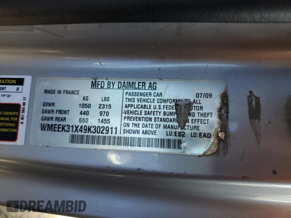 2009 Smart fortwo Passion with VIN WMEEK31X49K302911, listed as a Copart auction lot 63496915 with 44,047 mi miles and Salvage title. Bid and sale history available at DreamBid. Image 12.