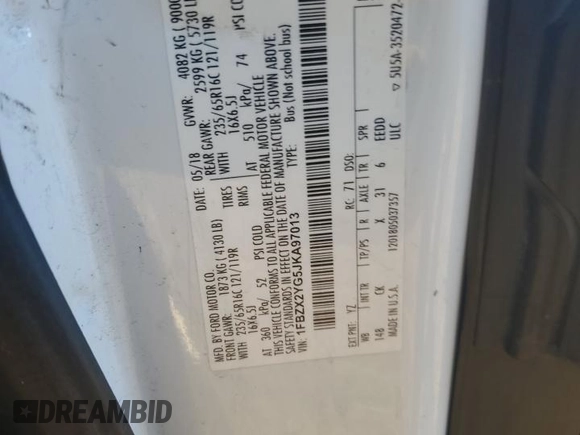 2018 Ford Transit Passenger XL с VIN 1FBZX2YG5JKA97013, выставлен на аукционе Copart как лот 83873904 с пробегом 117 293 миль миль и Списание • Salvage title. История ставок и продаж доступна на DreamBid. Изображение 13.