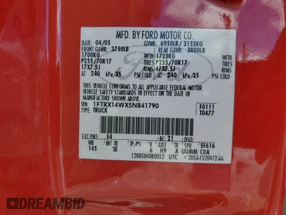 2005 Ford F-150 STX z VIN 1FTRX14WX5NB41790, wystawiony jako Copart lot #56927275 z przebiegiem 104 403 mil mil oraz Szkoda całkowita • Salvage title. Historia ofert i sprzedaży dostępna na DreamBid. Obrazek 12.