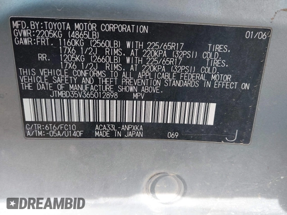 2006 Toyota RAV4 with VIN JTMBD35V365012898, listed as a IAAI auction lot 41539056 with 188,756 mi miles. Bid and sale history available at carsss.com. Image 9.