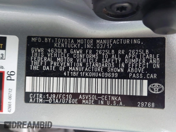 2017 Toyota Camry XLE с VIN 4T1BF1FK0HU409699, выставлен на аукционе IAAI как лот 42405827 с пробегом 72 851 миль миль и . История ставок и продаж доступна на DreamBid. Изображение 9.