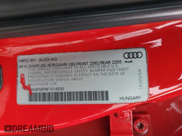 2015 Audi A3 2.0T Premium Plus with VIN WAUEFGFF8F1014530, listed as a Copart auction lot 72834422 with 133,057 mi miles. Bid and sale history available at carsss.com. Image 12.