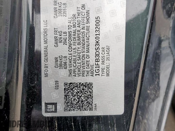 2019 Chevrolet Camaro 1LT with VIN 1G1FB3DS3K0132005, listed as a Copart auction lot 58252525 with 96,201 mi miles and Salvage title. Bid and sale history available at DreamBid. Image 13.