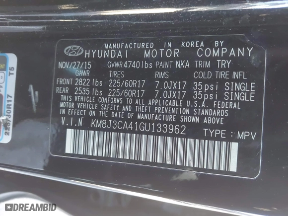 2016 Hyundai Tucson SE with VIN KM8J3CA41GU133962, listed as a IAAI auction lot 41634282 with 101,705 mi miles. Bid and sale history available at carsss.com. Image 9.