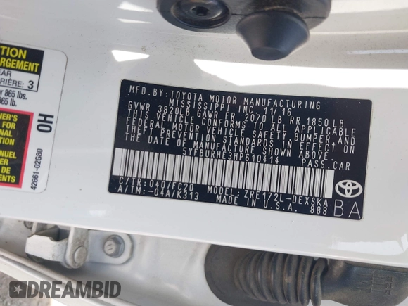 2017 Toyota Corolla L with VIN 5YFBURHE3HP610414, listed as a IAAI auction lot 42410369 with 157,908 mi miles and . Bid and sale history available at DreamBid. Image 9.