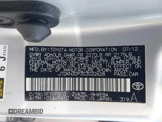 2012 Toyota Prius with VIN JTDKN3DP3C3022628, listed as a IAAI auction lot 42374964 with 103,388 mi miles and . Bid and sale history available at DreamBid. Image 9.