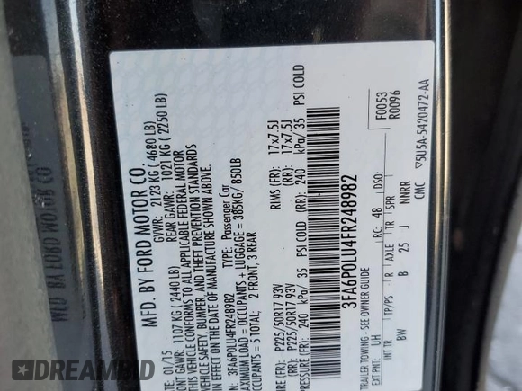 2015 Ford Fusion SE Hybrid with VIN 3FA6P0LU4FR248982, listed as a Copart auction lot 48403195 with 148,096 mi miles and Non Repairable. Bid and sale history available at DreamBid. Image 13.