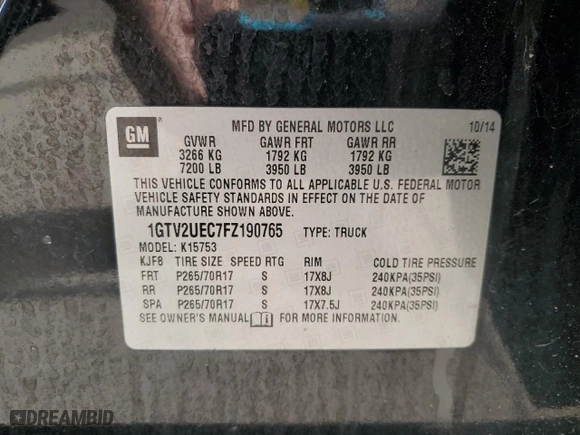 2015 GMC Sierra 1500 SLE with VIN 1GTV2UEC7FZ190765, listed as a Copart auction lot 49611635 with 159,682 mi miles and Salvage Title. Bid and sale history available at carsss.com. Image 12.