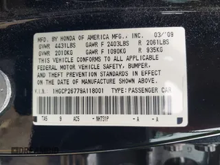 2009 Honda Accord EX with VIN 1HGCP26779A118001, listed as a IAAI auction lot 42549963 with 169,654 mi miles and . Bid and sale history available at DreamBid. Image 9.