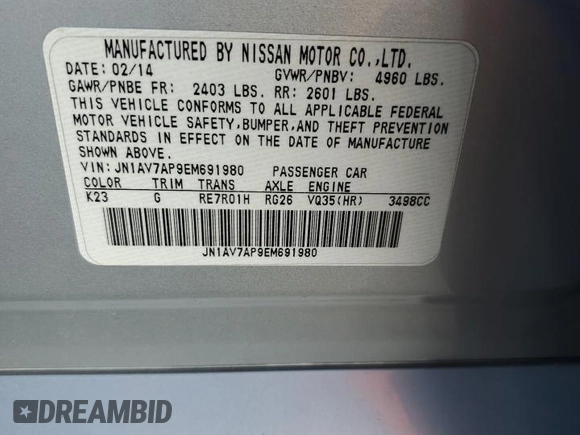 2014 Infiniti Q50 Hybrid Sport with VIN JN1AV7AP9EM691980, listed as a Copart auction lot 51164315 with 168,828 mi miles and Clean Title. Bid and sale history available at carsss.com. Image 12.