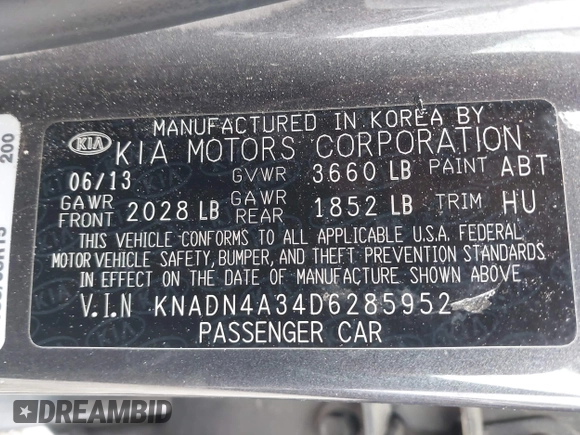2013 Kia Rio EX with VIN KNADN4A34D6285952, listed as a IAAI auction lot 42036441 with 153,462 mi miles and . Bid and sale history available at DreamBid. Image 9.