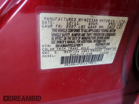 2012 Nissan Sentra S with VIN 3N1AB6AP2CL678871, listed as a Copart auction lot 53320255 with 132,698 mi miles and Salvage Title. Bid and sale history available at DreamBid. Image 14.