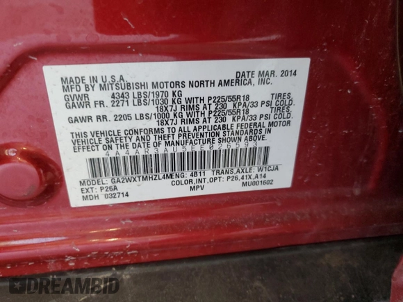 2014 Mitsubishi Outlander Sport ES with VIN 4A4AR3AU5EE026593, listed as a Copart auction lot 46647295 with 155,782 mi miles and Salvage Title. Bid and sale history available at carsss.com. Image 15.