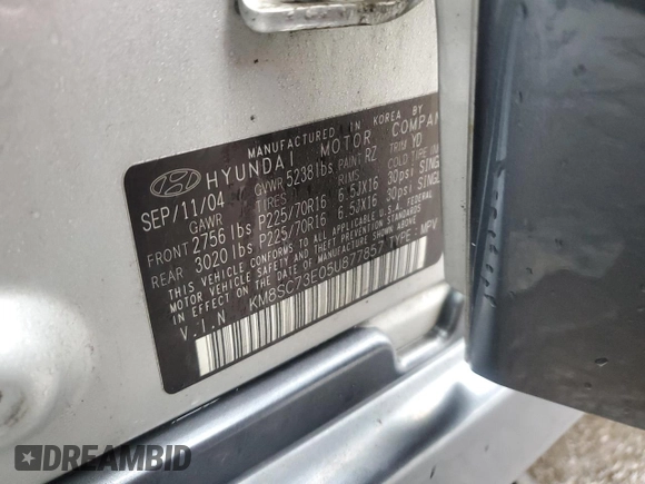 2005 Hyundai Santa Fe GLS with VIN KM8SC73E05U877857, listed as a Copart auction lot 85159924 with 103,331 mi miles and Clean Title. Bid and sale history available at carsss.com. Image 15.