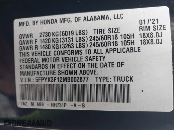 2021 Honda Ridgeline Sport with VIN 5FPYK3F12MB002877, listed as a IAAI auction lot 41576812 with 51,658 mi miles and . Bid and sale history available at DreamBid. Image 9.