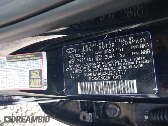 2022 Hyundai Elantra SEL with VIN KMHLM4AGXNU272717, listed as a IAAI auction lot 41879304 with 55,680 mi miles and . Bid and sale history available at DreamBid. Image 9.