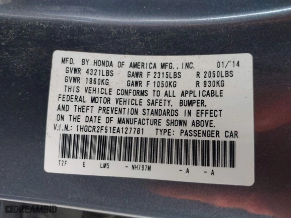 2014 Honda Accord Sedan Sport with VIN 1HGCR2F51EA127781, listed as a IAAI auction lot 41518351 with 156,630 mi miles. Bid and sale history available at carsss.com. Image 9.