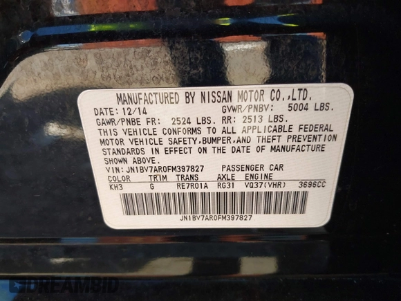 2015 Infiniti Q50 Premium with VIN JN1BV7AR0FM397827, listed as a IAAI auction lot 41774729 with 85,616 mi miles. Bid and sale history available at carsss.com. Image 9.
