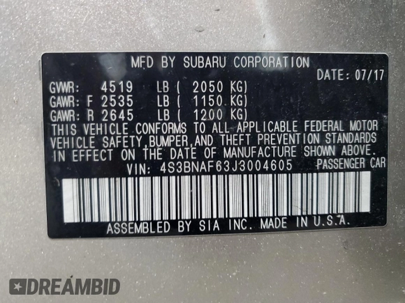 2018 Subaru Legacy Premium with VIN 4S3BNAF63J3004605, listed as a Copart auction lot 60700485 with 73,227 mi miles and Salvage title. Bid and sale history available at DreamBid. Image 12.