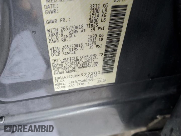 2017 Nissan Titan SV z VIN 1N6AA1EJ1HN572201, wystawiony jako Copart lot #54066705 z przebiegiem Nie podano mil oraz Czysty tytuł • Clean title. Historia ofert i sprzedaży dostępna na DreamBid. Obrazek 12.