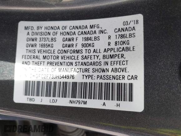 2018 Honda Civic EX с VIN 2HGFC2F73JH544976, выставлен на аукционе IAAI как лот 42023492 с пробегом 127 324 миль миль и . История ставок и продаж доступна на DreamBid. Изображение 9.
