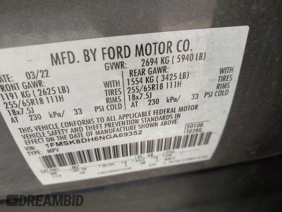 2022 Ford Explorer XLT с VIN 1FMSK8DH6NGA69352, выставлен на аукционе IAAI как лот 42271312 с пробегом 44 533 миль миль и . История ставок и продаж доступна на DreamBid. Изображение 9.