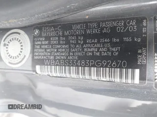 2003 BMW 3 Series 325Ci with VIN WBABS33483PG92670, listed as a IAAI auction lot 42090721 with 182,903 mi miles and . Bid and sale history available at DreamBid. Image 9.