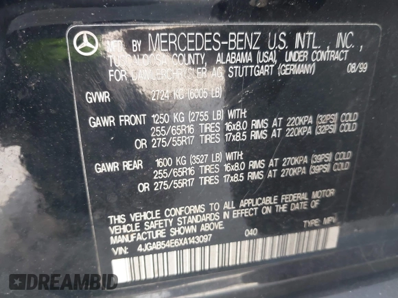 1999 Mercedes-Benz M 320/430/500 с VIN 4JGAB54E6XA143097, выставлен на аукционе IAAI как лот 42005462 с пробегом 194 260 миль миль и . История ставок и продаж доступна на DreamBid. Изображение 9.