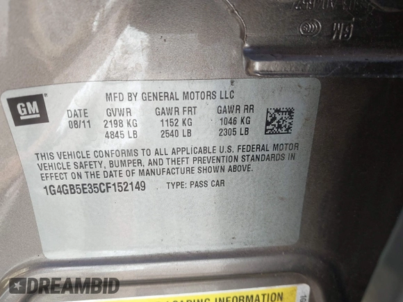 2012 Buick LaCrosse Convenience with VIN 1G4GB5E35CF152149, listed as a IAAI auction lot 41583407 with 107,130 mi miles and . Bid and sale history available at DreamBid. Image 9.