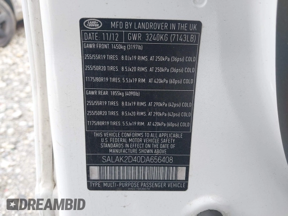 2013 Land Rover LR4 Lux with VIN SALAK2D40DA656408, listed as a IAAI auction lot 41018475 with Not provided miles and . Bid and sale history available at DreamBid. Image 9.