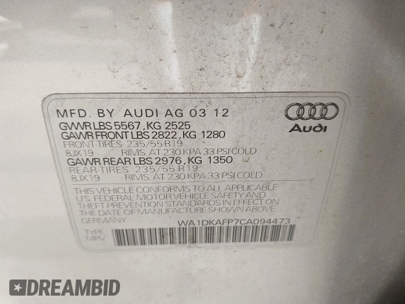 2012 Audi Q5 Premium Plus z VIN WA1DKAFP7CA094473, wystawiony jako IAAI lot #41968862 z przebiegiem 128 545 mil mil oraz . Historia ofert i sprzedaży dostępna na DreamBid. Obrazek 9.