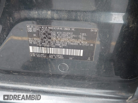 2009 Toyota RAV4 Limited with VIN 2T3BF31V69W012889, listed as a IAAI auction lot 42835428 with 191,395 mi miles and . Bid and sale history available at DreamBid. Image 9.