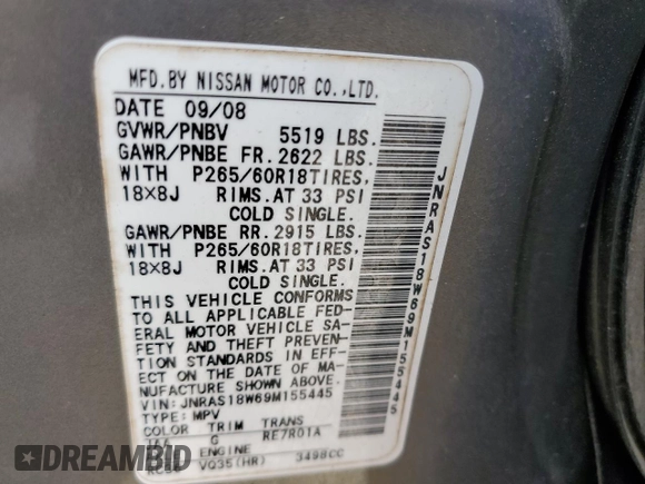2009 Infiniti FX with VIN JNRAS18W69M155445, listed as a Copart auction lot 48298395 with Not provided miles and Salvage title. Bid and sale history available at DreamBid. Image 13.
