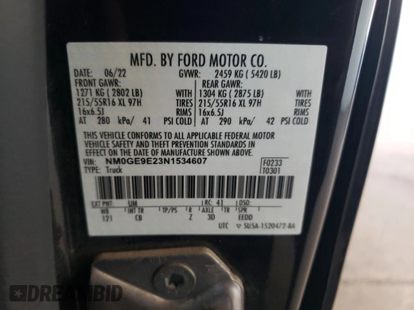2022 Ford Transit Connect XL with VIN NM0GE9E23N1534607, listed as a Copart auction lot 78813464 with 101,470 mi miles and Salvage title. Bid and sale history available at DreamBid. Image 15.