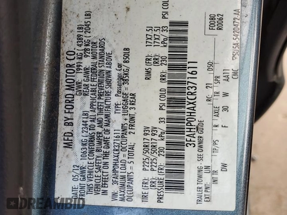 2012 Ford Fusion SE with VIN 3FAHP0HAXCR371611, listed as a Copart auction lot 51667085 with 145,571 mi miles and Salvage Title. Bid and sale history available at DreamBid. Image 12.