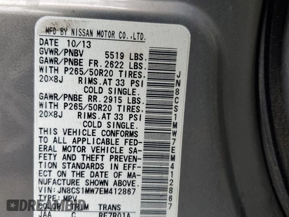 2014 Infiniti QX70 with VIN JN8CS1MW7EM412867, listed as a Copart auction lot 60054195 with 148,064 mi miles and Salvage title. Bid and sale history available at DreamBid. Image 13.