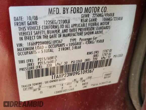 2009 Ford Taurus SE with VIN 1FAHP23W09G109367, listed as a Copart auction lot 82336094 with Not Provided miles and Salvage Title. Bid and sale history available at carsss.com. Image 12.