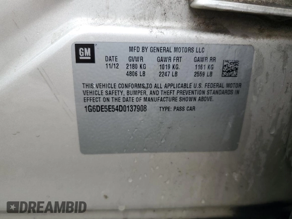 2013 Cadillac CTS Luxury with VIN 1G6DE5E54D0137908, listed as a Copart auction lot 56102025 with 188,030 mi miles and Salvage title. Bid and sale history available at DreamBid. Image 13.