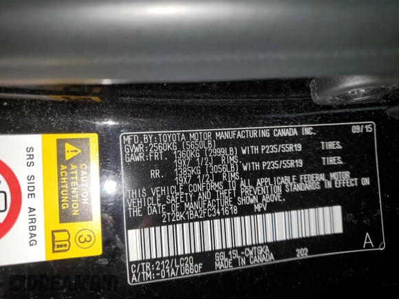 2015 Lexus RX 350 with VIN 2T2BK1BA2FC341618, listed as a Copart auction lot 57609935 with 100,014 mi miles and Salvage title. Bid and sale history available at DreamBid. Image 13.