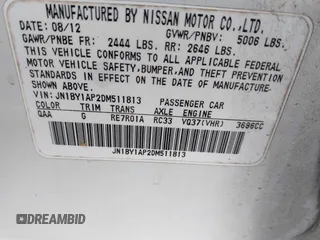 2013 Infiniti M with VIN JN1BY1AP2DM511813, listed as a IAAI auction lot 41577968 with 191,608 mi miles and . Bid and sale history available at DreamBid. Image 9.
