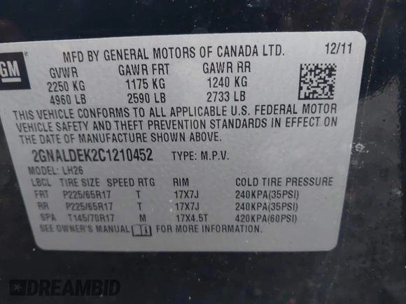 2012 Chevrolet Equinox LT w/1LT with VIN 2GNALDEK2C1210452, listed as a IAAI auction lot 41994709 with 192,825 mi miles. Bid and sale history available at carsss.com. Image 9.