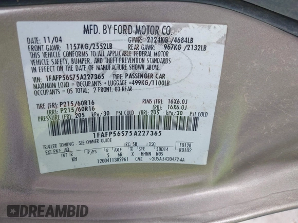 2005 Ford Taurus SEL with VIN 1FAFP56S75A227365, listed as a IAAI auction lot 42000881 with 206,728 mi miles and . Bid and sale history available at DreamBid. Image 9.