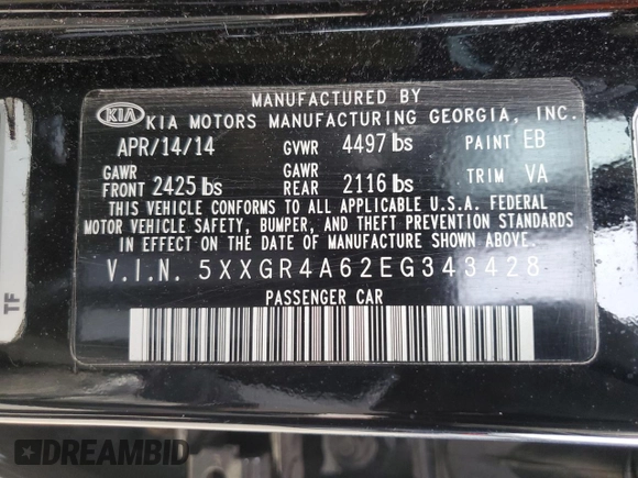 2014 Kia Optima SXL Turbo with VIN 5XXGR4A62EG343428, listed as a Copart auction lot 52742035 with 109,155 mi miles and Salvage Title. Bid and sale history available at DreamBid. Image 13.