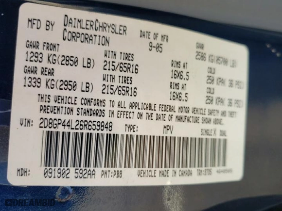 2006 Dodge Grand Caravan SXT with VIN 2D8GP44L26R659848, listed as a Copart auction lot 48789945 with 208,482 mi miles and Salvage Title. Bid and sale history available at carsss.com. Image 16.