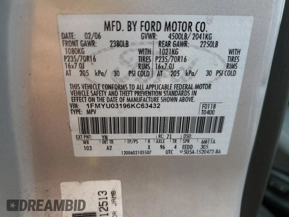 2006 Ford Escape XLT with VIN 1FMYU03196KC63432, listed as a Copart auction lot 66897524 with 214,049 mi miles and Clean Title. Bid and sale history available at DreamBid. Image 13.