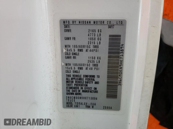 2017 Nissan NV200 SV z VIN 3N6CM0KN9HK713894, wystawiony jako Copart lot #47206625 z przebiegiem 156 107 mil mil oraz Szkoda całkowita • Salvage title. Historia ofert i sprzedaży dostępna na DreamBid. Obrazek 14.
