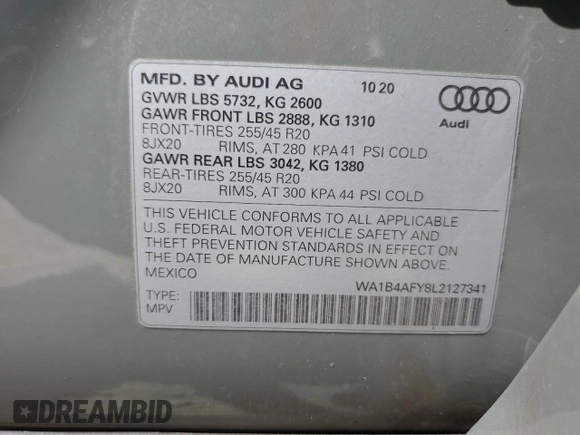 2020 Audi SQ5 Premium Plus with VIN WA1B4AFY8L2127341, listed as a Copart auction lot 69452274 with 41,814 mi miles and Salvage Title. Bid and sale history available at DreamBid. Image 14.