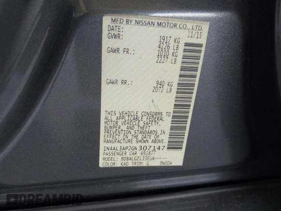 2016 Nissan Altima S with VIN 1N4AL3AP2GN307147, listed as a IAAI auction lot 42367981 with 114,936 mi miles and . Bid and sale history available at DreamBid. Image 9.